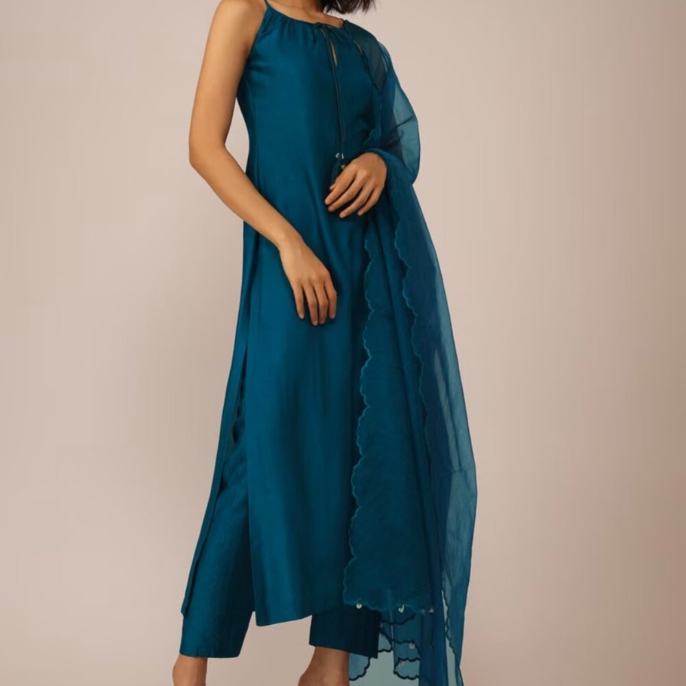 KALKI Teal Blue Silk Suit Set (Salwar Kameez / Kurta Set with Dupatta)